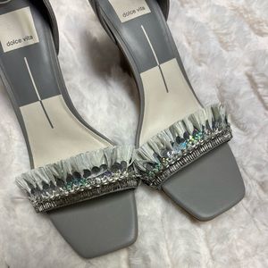 Dolce Vita Silver Gray Straw Fringe Beaded Sequin Stiletto